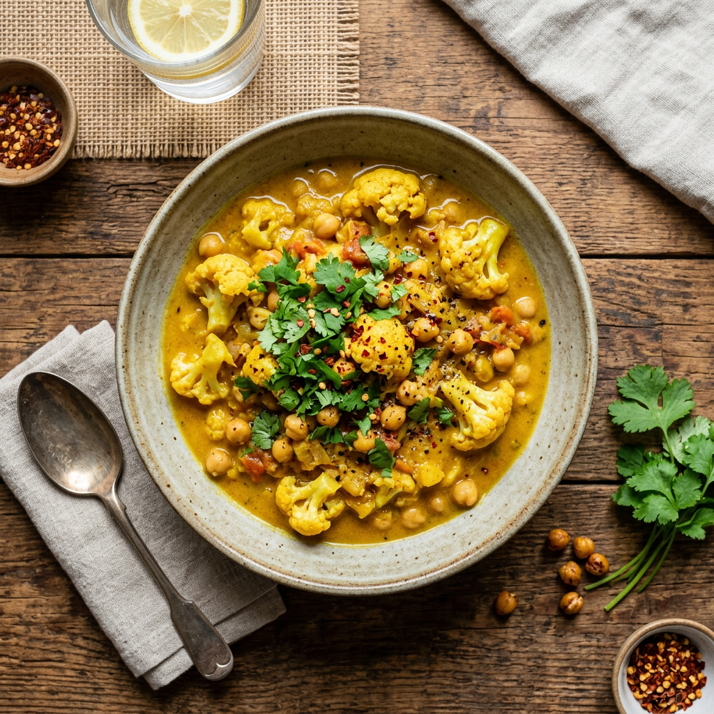 Gyors kókuszos karfiol- és csicseriborsó curry