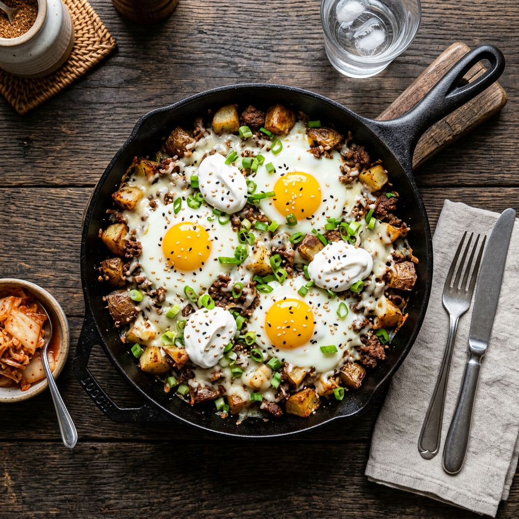 Koreai stílusú krumplis-húsos brunch tál
