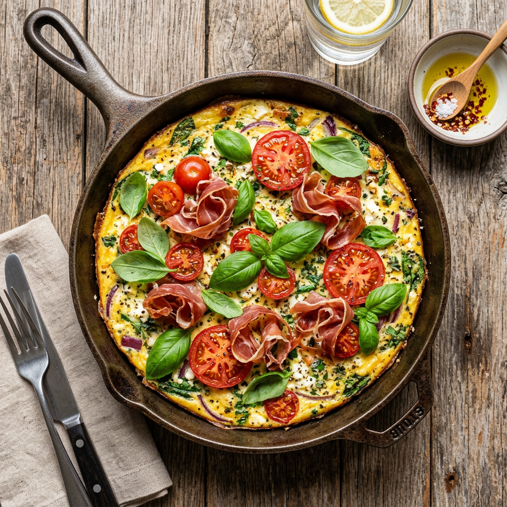 Görögös Olasz Omlett (Frittata) Sonkával és Paradicsommal