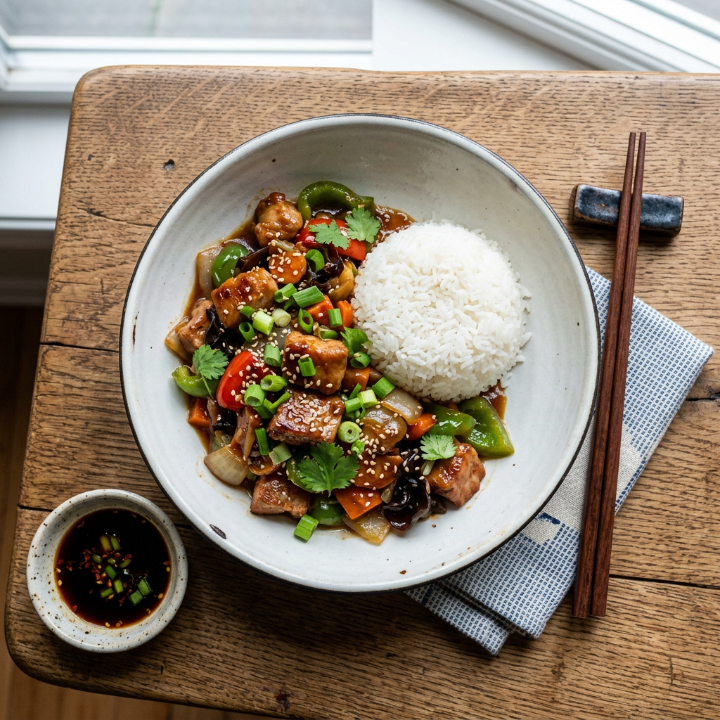 Sertés stir-fry zöldpaprikával és párolt rizzsel (Mentes)