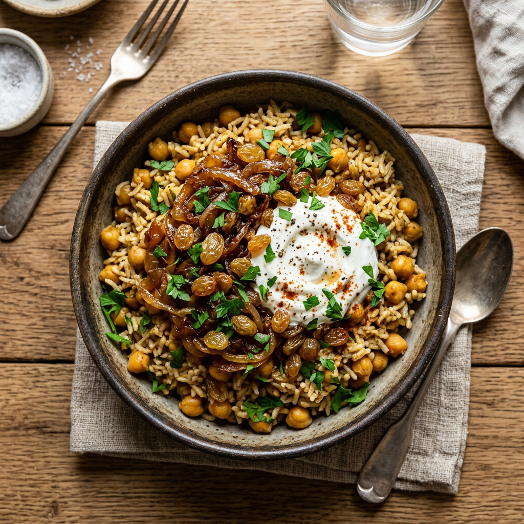 Spiced Chickpea and Caramelized Onion Rice Bowl