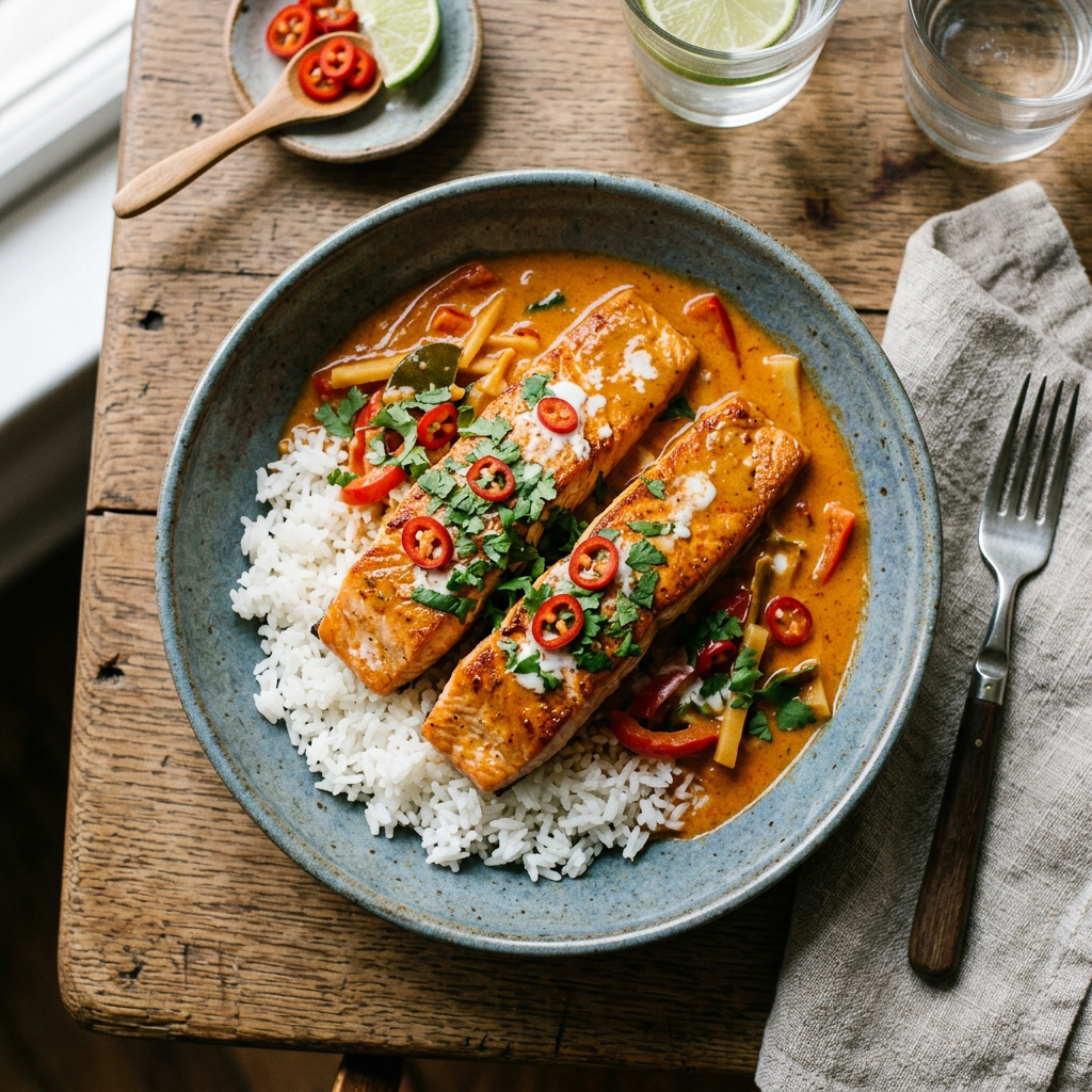 Thai Red Curry Salmon over Jasmine Rice