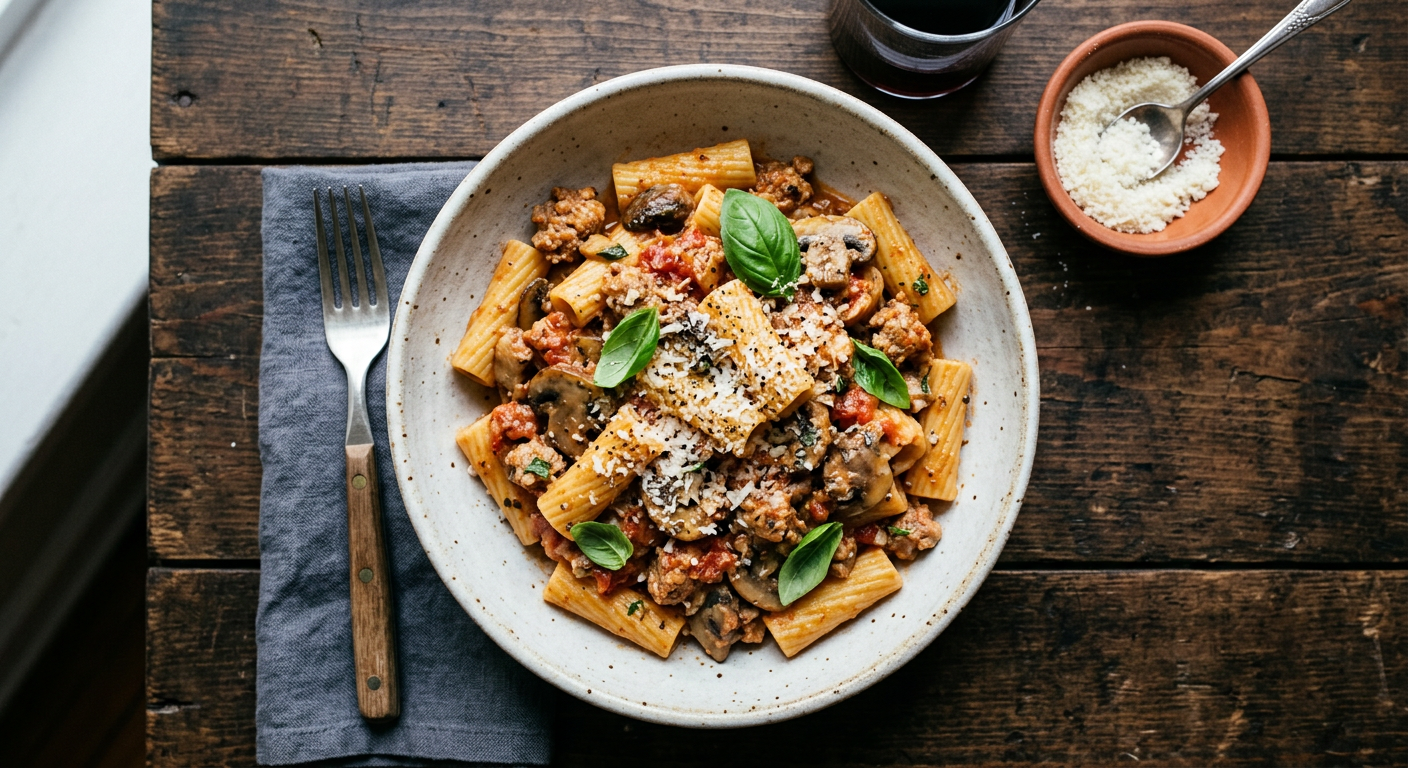 Krémes kolbászos-gombás penne